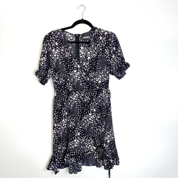 Missguided Black Purple Floral Ruffle Mini Dress 2 - Picture 3 of 10